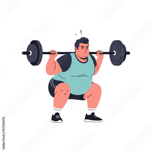 Overweight Man Squatting with Barbell: Fitness Journey