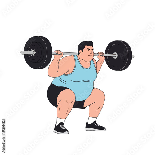 Overweight Man Squatting with Barbell Illustration