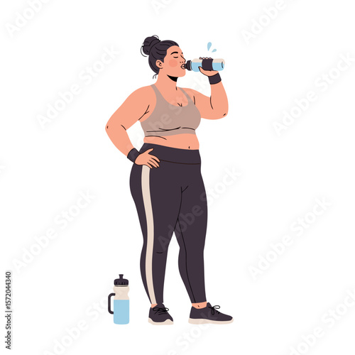 Hydration Break: Plus-Size Woman Rehydrating After Workout
