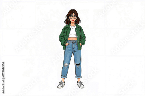 Trendy cartoon woman in chic casual fashion
