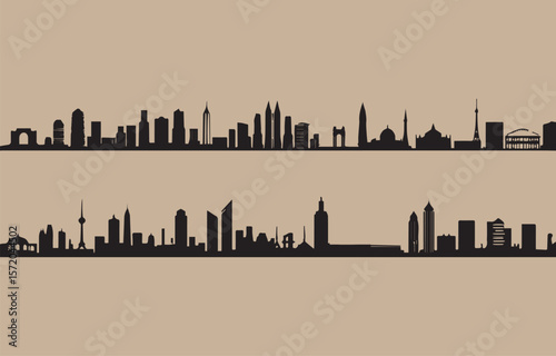 Two distinct black silhouette city skylines featuring diverse architectural styles against a muted tan background