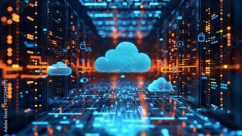 Futuristic animation showing secure cloud data transfer, cybersecurity symbols, and digital network connections—ideal for tech, IT, and internet safety themes.