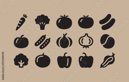 Collection of black vegetable and fruit icons arranged in a grid on a neutral background