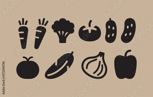 Collection of simple black silhouette icons representing various fresh vegetables and fruits on a neutral background