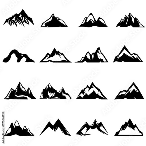 	
Set of mountain silhouettes. Unique rocky mountains icon or cool logo collection	
