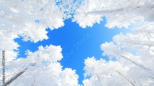 A winter wonderland scene with trees covered in frost.