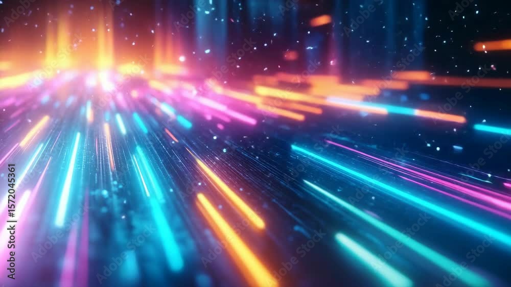 Captivating display of futuristic motion design with colorful light trails, sparkling particles in neon colors, ideal for dynamic backgrounds, technology themes, perfect for sci-fi, modern aesthetic.