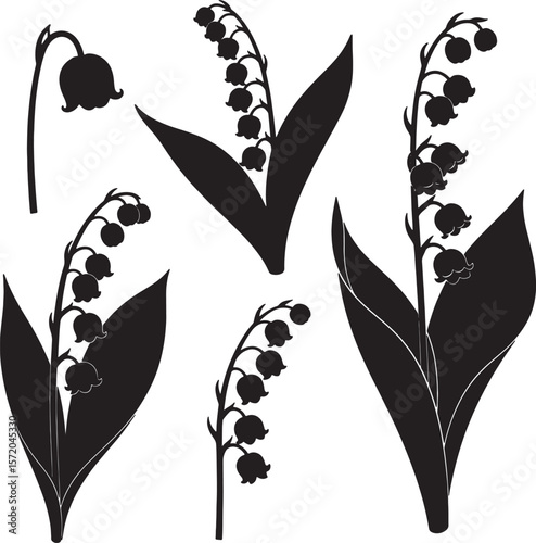 A collection of black lily of the valley silhouettes, showcasing delicate bell-shaped blooms and broad leaves, ideal for botanical, spring, and decorative floral designs