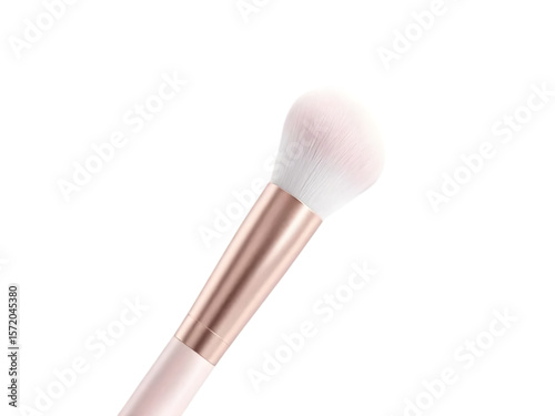 High-detail close-up of a makeup brush with soft bristles and rose gold handle, clean lighting, isolated