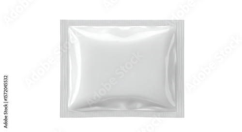 A blank white square sachet with sealed edges and a textured crimp seal isolated on white background