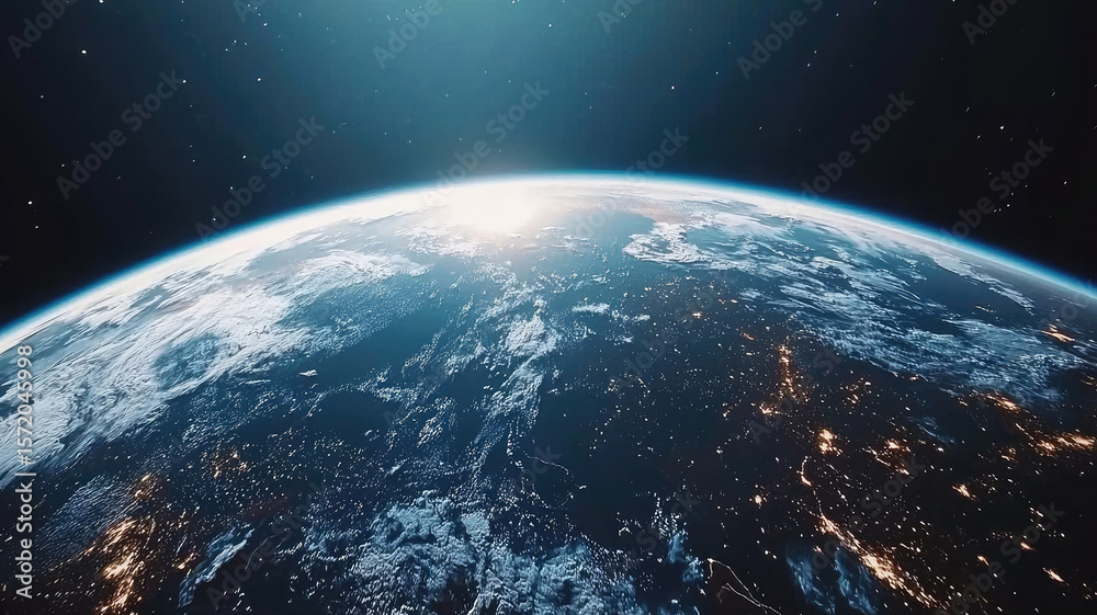 Fototapeta premium Earth planet space sunrise atmosphere clouds night lights natural serene view