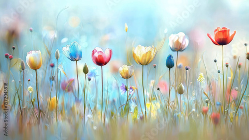 Bright colorful blooms of spring flowers vibrant meadow with delicate petals and soft background light