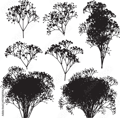A versatile collection of delicate baby's breath flower silhouettes, ranging from individual sprigs to full bouquets, perfect for elegant wedding designs, floral accents, and decorative patterns