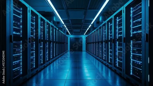 Futuristic animation of IT technician monitoring data flow in a secure server room. Ideal for cybersecurity, cloud technology, and digital infrastructure themes