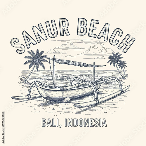Sanur Beach Bali Indonesia with boat, and landscape.