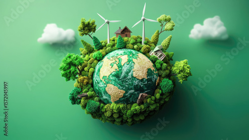 Earth environment artistic illustration with green trees and wind turbines showing sustainable energy