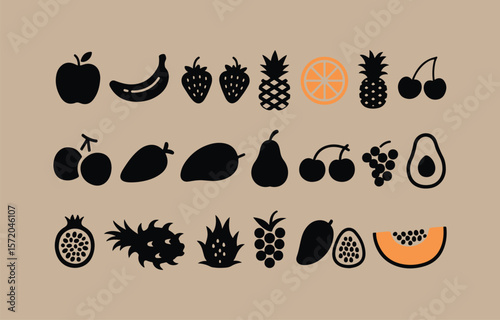 Collection of stylized black and orange fruit icons arranged in rows against a neutral background