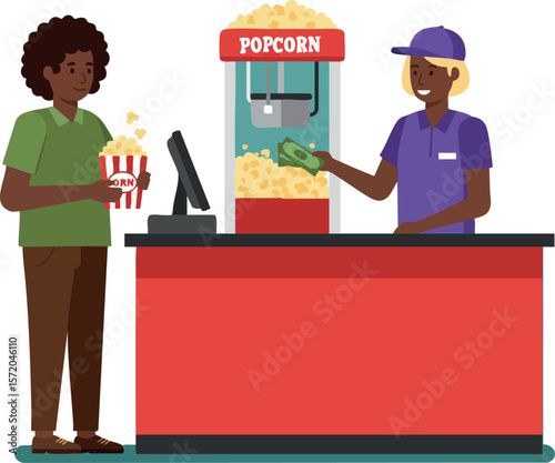 Customer buying popcorn at concession stand with vendor serving snacks vector illustration