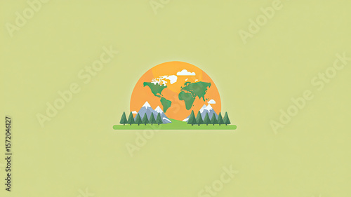 Minimalist earth and nature illustration with green trees, mountains, and bright orange sun creating peaceful environment