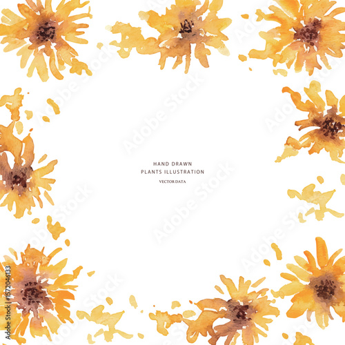 ひまわりのベクターイラスト。水彩タッチで描いた夏の向日葵背景。Vector illustration of sunflowers. Summer sunflower background with watercolor touch.