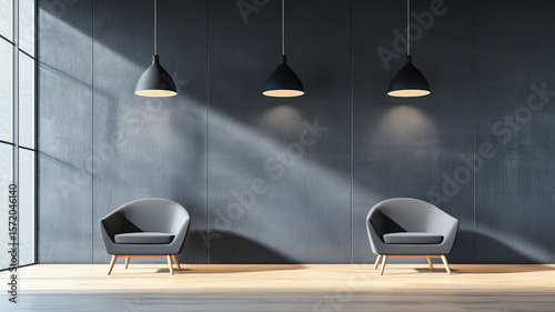 Modern interior with two gray armchair and three pendant lamps, soft natural light creating calm and cozy atmosphere