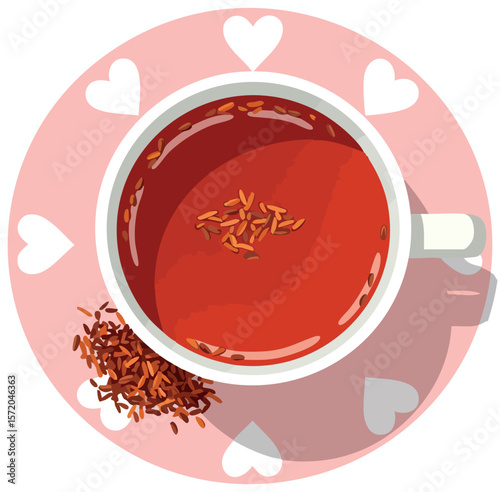 Rooibos tea cup with loose leaves on pink heart pattern saucer vector illustration