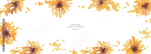 ひまわりのベクターイラスト。水彩タッチで描いた夏の向日葵背景。Vector illustration of sunflowers. Summer sunflower background with watercolor touch.