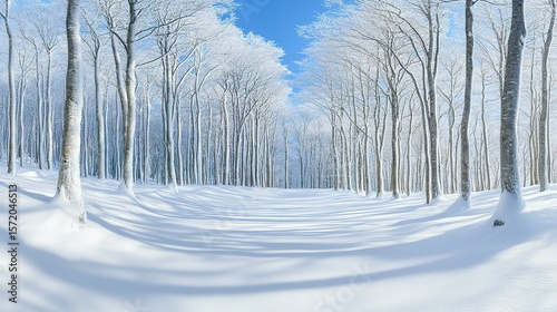 Snow-covered trees in a winter forest with sunlit shadows.