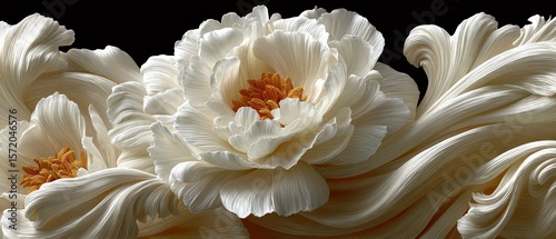 Close up view of a white peony flower with intricate textured petals and a golden center