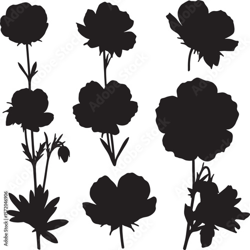 A collection of nine diverse black flower silhouettes, featuring various petal shapes and stem arrangements, ideal for botanical, garden, and decorative floral designs