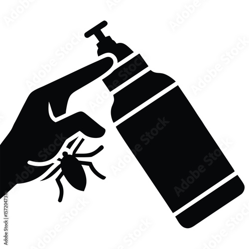 A hand points at a spider beside a spray bottle, featured in black solid on transparent background