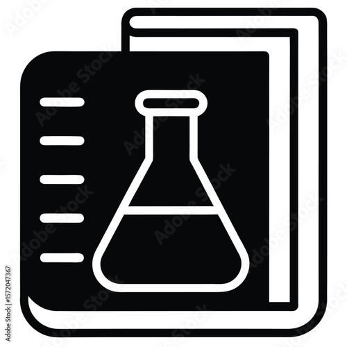 Black book displays white outline of a lab flask filled with dark liquid