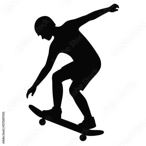 Silhouette shows athletic person skateboarding with arms out for balance in a on transparent background