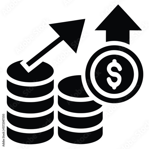 Stacked black coins show financial growth with upward arrows indicating positive economic trend with transparency