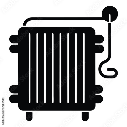 Silhouette shows a black steam radiator on short legs, with an attached device