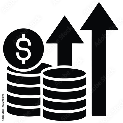 Dollar coins grow steadily alongside upward pointing arrows demonstrating financial growth on transparent background