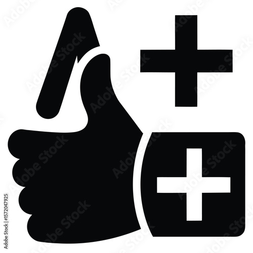 Black thumbs up suggests endorsement and support with positive medical icons isolated