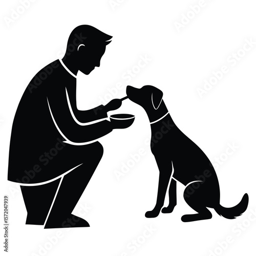Silhouette shows the man lovingly feeding his canine friend from a small bowl