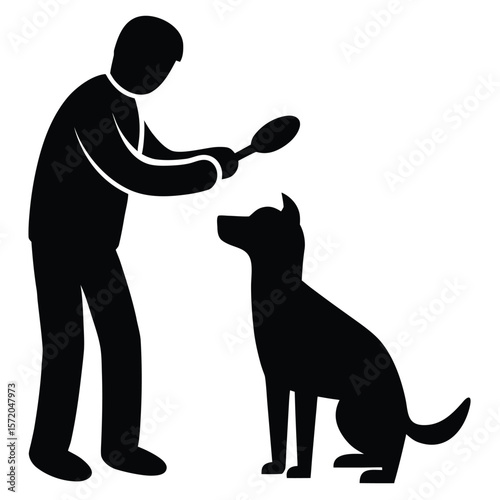 Silhouette depicts a man holding a spoon above a patiently sitting dog on transparent background