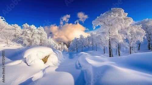 Winter wonderland scene with frosted trees and snow-covered landscape.