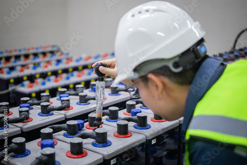 Technician inspects backup battery system carefully to ensure power supply is stable and reliable in industrial setting with safety gear and focused attention