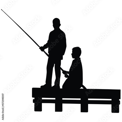Silhouette shows father holding rod while child sits and watches fishing