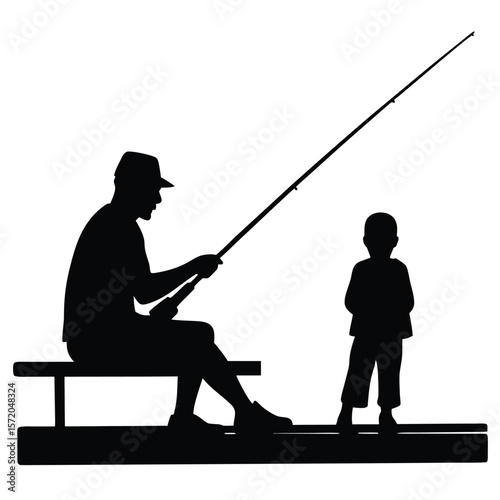 Silhouette shows old man fishing with a rod and his grandson stands nearby