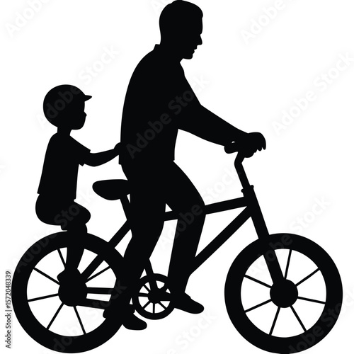 Silhouette shows a father riding a bicycle with his little son on it with transparent background