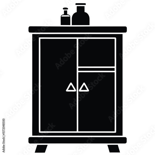 Elegant black cabinet stands with bottles above, showcasing triangles, featuring a transparent backdrop