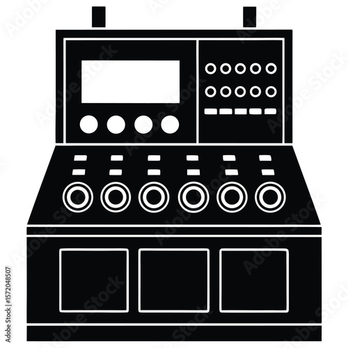 Solid black control panel displaying various buttons and a screen, set against a transparent backdrop