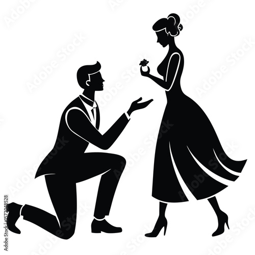 Man kneeling and offering engagement ring to woman in silhouette against transparent backdrop
