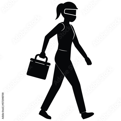 Silhouette of a stylish woman with ponytail is seen walking with a briefcase