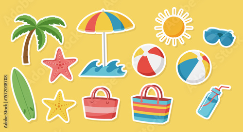 Summer Beach Icons Collection with Vacation Symbols and Tropical Elements