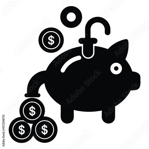 Piggy bank silhouette with dollar coins shows money flowing out, isolated with transparency